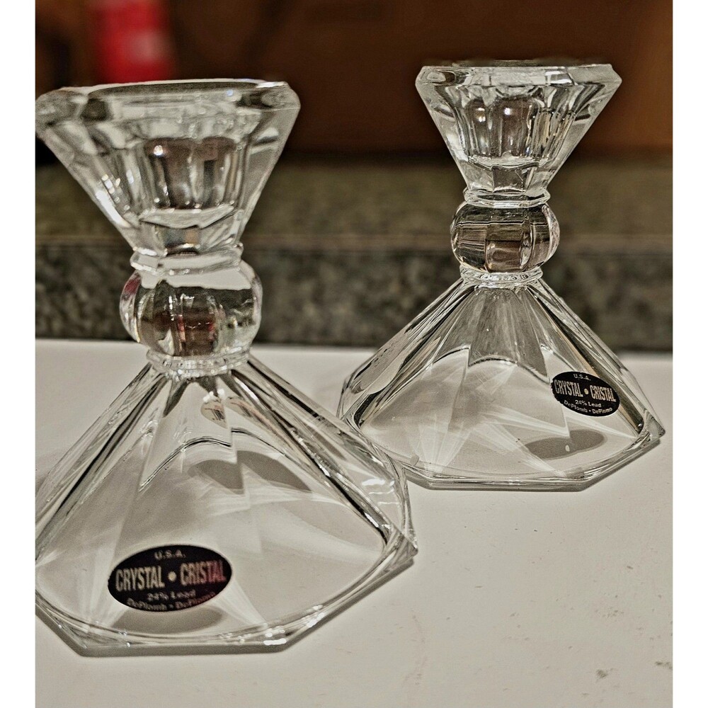 Pair of Deplomb 24% Lead Crystal Candlestick Holders Made in USA Vintage
